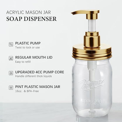 Amolliar Plastic Mason Jar Soap Dispenser with Pump Lid,16OZ Refillable BPA-Free Hand Soap Dispenser Set with Cute Lables - for Kitchen/Bathroom, Liquid Soap, Dish Soap, Lotion (2 Pack, Gold) - Image 2