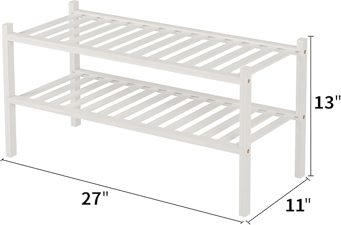 ROMGUAR CRAFT 2 Tier Bamboo Shoe Rack for Closet Free Standing Wood Shoe Shelf for Entryway Small Space Stackable 27"x11"x13" (White) - Image 3