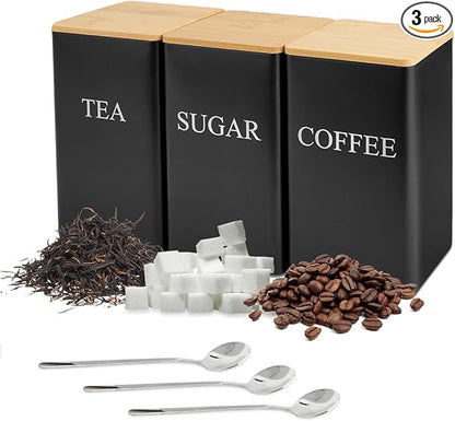3 Pcs Tea Coffee Sugar Canisters, Black Metal Canister Storage Jar Container Set, Food Storage With 3 Spoons, Rust Resistant Powder Coated Iron Caddies for Kitchen Worktop Organizer (Black) by DIBALIYI