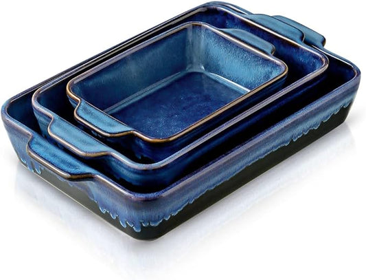 KOOV Bakeware Set, Ceramic Baking Dish, Rectangular Casserole Dish, Lasagna Pan, Baking Pans for Cooking, Cake Dinner, Kitchen, 9 x 13 Inches, Reactive Glaze 3-Piece (Nebula Blue) by KOOV