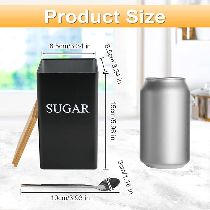 3 Pcs Tea Coffee Sugar Canisters, Black Metal Canister Storage Jar Container Set, Food Storage With 3 Spoons, Rust Resistant Powder Coated Iron Caddies for Kitchen Worktop Organizer (Black) - Image 2