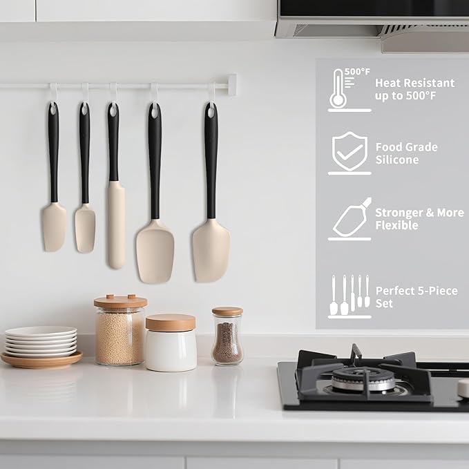 Coukre Silicone Spatula Set of 5,High Temperature Resistant, Food Grade Silicone, Dishwasher Safe, for Baking, Cooking (Beige Black) - Image 5