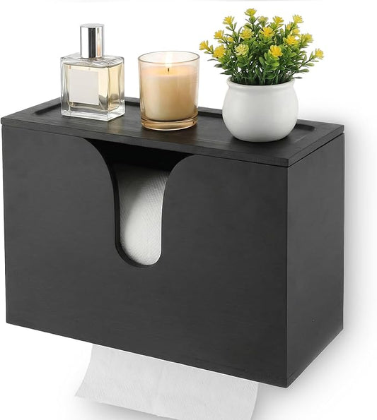 Paper Towel Dispenser Countertop, Wooden Bathroom Paper Towel Holder with Lid for Home Kitchen, Wall Mount Wood Napkin Holder, Trifold Paper Hand Towels Dispenser for Toilet Office Restroom
