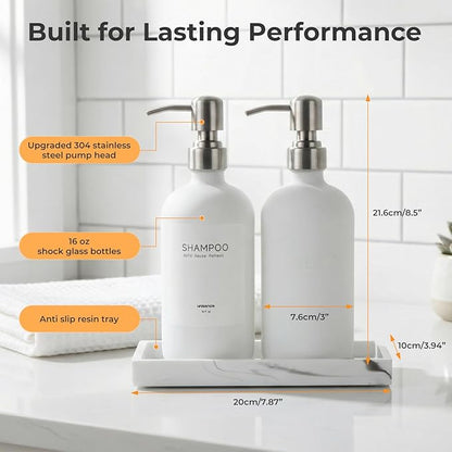 White Glass Soap Dispenser Set for Kitchen, Hand and Dish Soap Dispenser with Stainless Steel Pump & Resin Tray, Perfect for Kitchen,Hotel Rental-Modern Soap Dispenser Decor for Kitchen