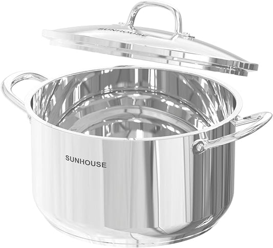 SUNHOUSE Stainless Steel Stock Pot - 13 Quart Heavy-Duty Induction Cooking Pot with Visible Lid for Pasta, Soup, Spaghetti - Nonstick Thick-Bottom Deep Stockpot for Canning, Boiling, and Simmering by SUNHOUSE