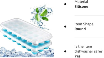 Ice Cube Trays Easy Release-Odor free,Spill Resistant Lid Included,2 Pack, Small Size, Stackable 42 Cubes,Silicone(Blue)