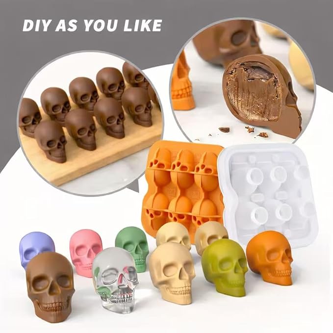 Skull Ice Cube Mold, 6-Cavity Silicone Ice Tray for Whiskey, Cocktails, and Beverages, Food-Grade Flexible Ice Maker for Halloween & Party Drinks, Easy Release & Dishwasher Safe (Orange)