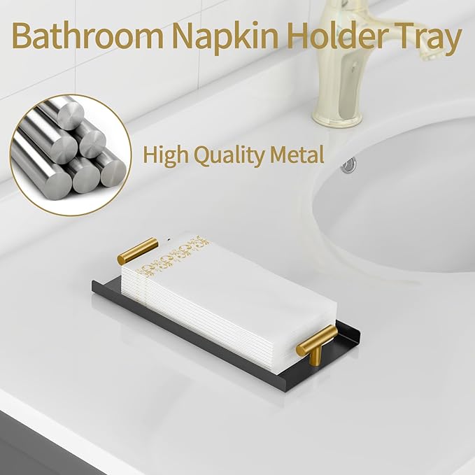 STWWO Napkin Holder for Bathroom, Guest Towel Holder Tray for Bathroom, Black Guest Napkin Holders with Golden T-Handle, Disposable Hand Towel Tray for Guest Room, Table, Kitchen (Pack of 2)