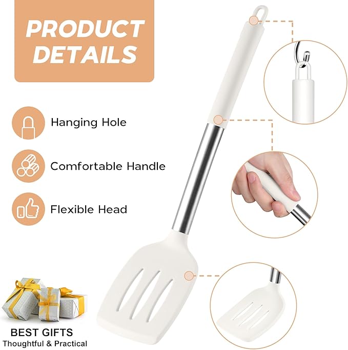 Onader Silicone Kitchen Utensils Set, 15pcs White Silicone Cooking Utensils Set with Holder, Includes Heat Resistant Spatula Turner Spoon Whisk Tong - Image 4