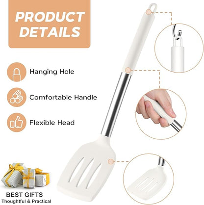 Onader Silicone Kitchen Utensils Set, 15pcs White Silicone Cooking Utensils Set with Holder, Includes Heat Resistant Spatula Turner Spoon Whisk Tong - Image 4