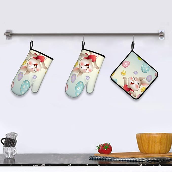 LOKMU Oven Mitts and Pot Holders Set of 3, Smiley Bunny with Easter Eggs Heat Resistant Kitchen Gloves Hot Pads for Cooking Baking BBQ, Kitchen Decor Gifts for Cooking Lover Cooks