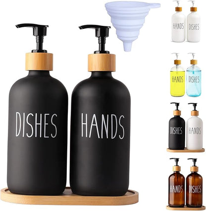 LOOCHICA 2 Pack Black Glass Soap Dispenser Set with Tray, Hand and Dish Glass Soap Dispensers for Kitchen Sink, Matte Black Soap Dispenser Suitable for Kitchen Sink, Rustic Kitchen Décor by Loochica