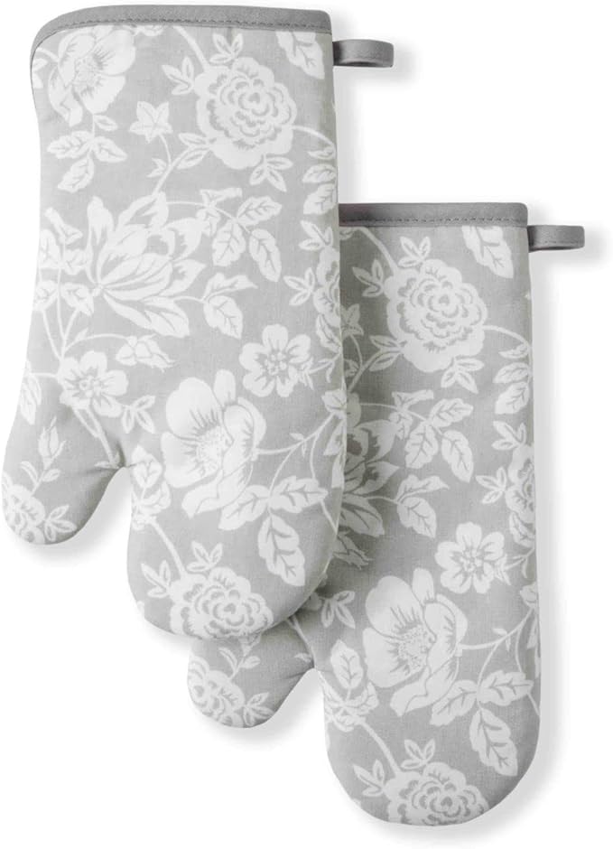 Martha Stewart Floral Vine Oven Mitt 2-Pack Set, Grey, 7"x13" by MarthaStewart