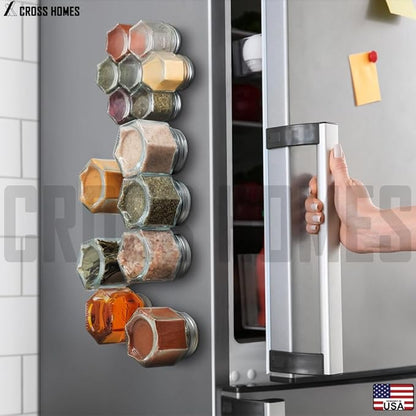 Magnetic Spice Jars Combo Pack 29 Pack (9 Large 4 oz + 20 Small 2 oz) Refrigerator Hexagon Glass Spice Jar Magnetic Lid Shaker Spice Labels Magnetic Glass Spice Container for RV Kitchen Fridge Cabinet