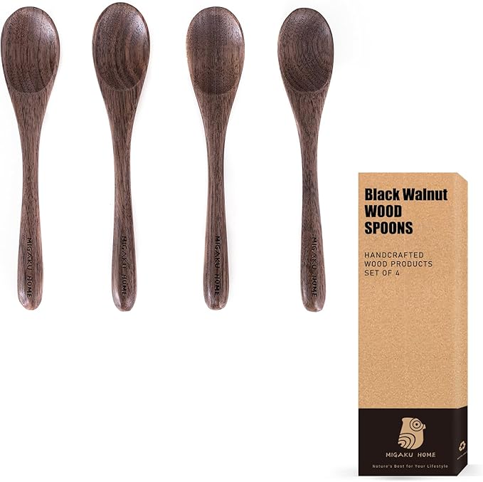 4 Pcs Small Black Walnut Wood Spoons for Eating Ice Cream, Desserts, honey, Coffee & More, Premium Wooden Spoons Set, Japanese Style Kitchenware