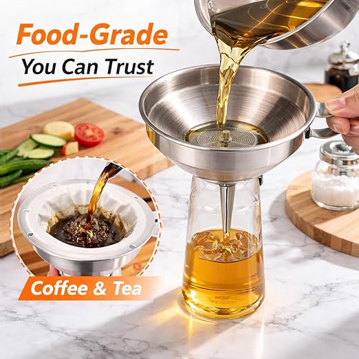 No Spill Kitchen Funnel Set, Food Grade 3 Collapsible Silicone Funnels & 1 Stainless Steel Funnel, Used for Hot Oil, Juice, Powder, Vials & More - Solves All Your Pouring Problems in the Kitchen