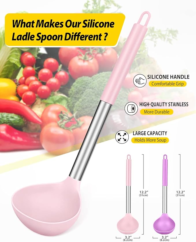 Pack of 2 Ladle Spoon,Silicone Large Spoon for Soup,Non Stick Kitchen Utensils with High Heat Resistant,BPA Free Perfect Kitchen Tools for Cooking, Stirring,Serving Soups (PINK-PURPLE) - Image 2