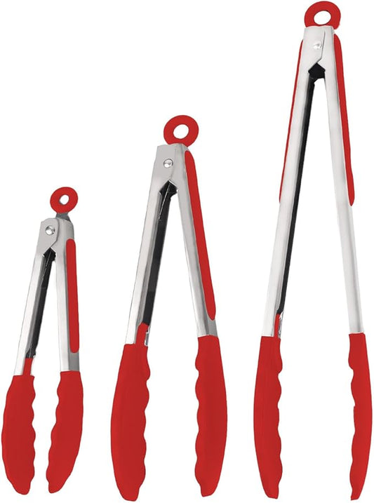 Kitchen Tongs with Silicone Tips, Kitchen Tongs, Cooking Tongs, Premium Stainless Steel Locking Cooking Tongs, Non-Slip Food Tongs for Cooking, Heavy Duty, Non-Stick, 480℉, Set of 3-7"/9"/12" Red by Unknown