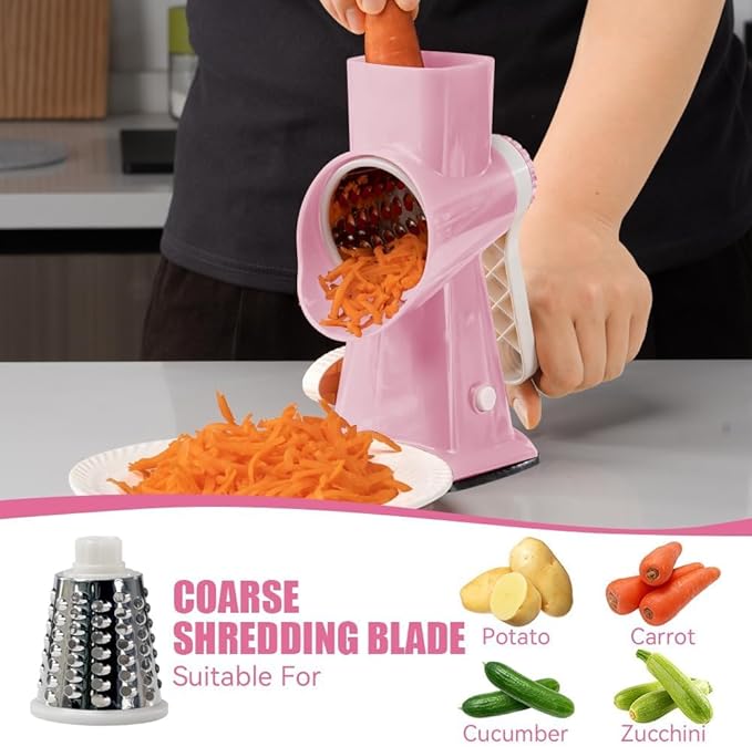 KEOUKE Rotary Cheese Grater Hand Crank Pink - Shredder Slicer Grinder 3 Stainless Steel Blades, Stable Suction, Labor-Saving Handle, Safe Kitchen Tool for Cheese, Vegetable, Nuts, Chocolate - Image 2