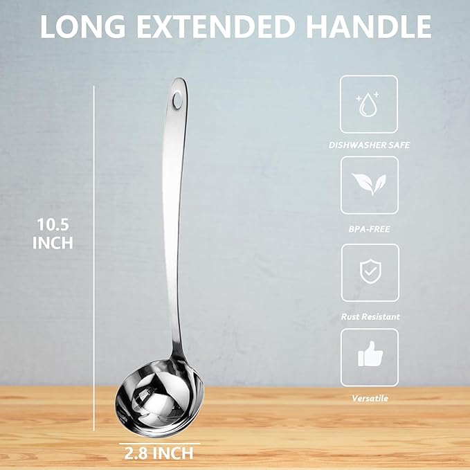Professional Stainless Steel Soup Ladle, 10.5" Comfort Grid, Long Ergonomic Handle, Durable Kitchen Utensil for Cooking, Stirring, Serving Soups, Heavy-Duty Metal, Dishwasher Safe