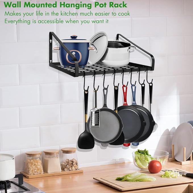 Felibeaco Hanging Pots & Pans Rack,Wall Mounted Pots Pans Organizer Holder Rack with 8 Hooks, Kitchen Wall Storage Organizer Hanger Shelves for Pans Set, Utensils, Cookware, Books, Household,Black - Image 2