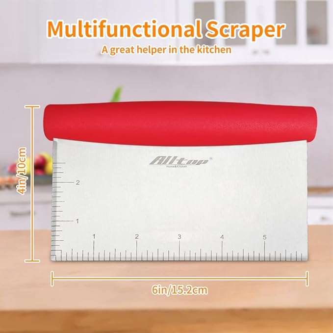 ALLTOP Bench Scraper & Chopper for Kitchen - Ideal Baking Essential Utensil,Stainless Steel Pastry/Dough/Food Cutter Tool for Cake Pizza Bread,Cooking - 1 Pack,Red - Image 2
