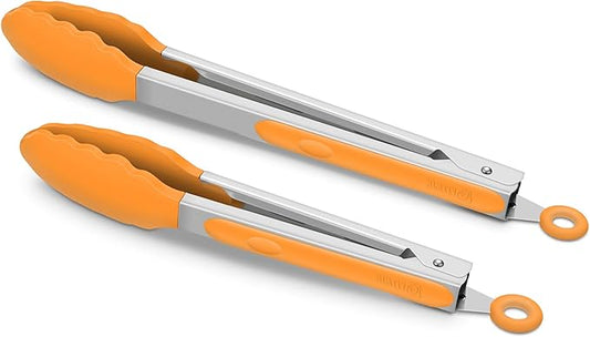 2 Pack Silicone Kitchen Tongs – 9" & 12" Set, Heat Resistant up to 500°F, Non‑Stick Cookware Safe, Wavy Silicone Tips, BPA Free, Locking Clip & Hanging Loop, Orange by ALLWIN-HOUSEWARE