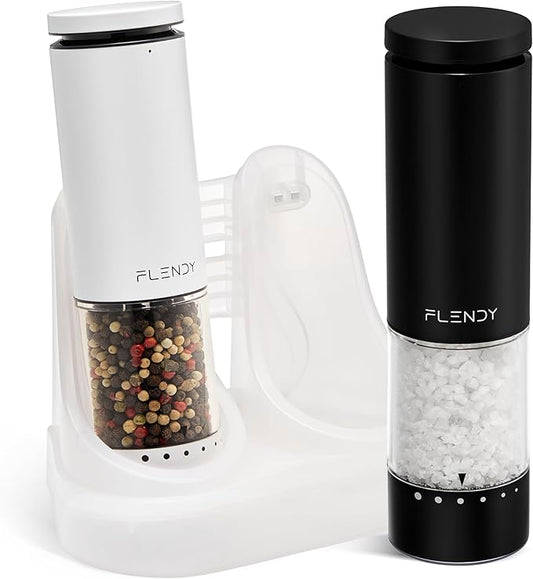 Flendy Electric Salt and Pepper Grinder Set Rechargeable, Automatic Salt and Pepper Grinder Set with Oversized Top Button, Stainless Steel Electric Salt and Pepper Shakers Set