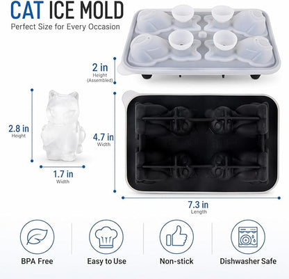Cat Ice Cube Tray Mold - 2pcs, 3D Cat Shape Ice Cube Trays, Cute Ice Cube Molds for Whiskey Bourbon, 4-Hole Large Fun Shapes Ice Cube Trays, Funny Cats Gifts for Cats Lovers Women Men