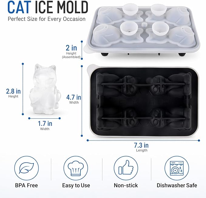 Cat Ice Cube Tray Mold - 3D Cat Shape Ice Cube Trays, Cute Ice Cube Molds for Whiskey Bourbon, 4-Hole Large Fun Shapes Ice Cube Trays, Funny Cats Gifts for Animals Lovers Women Men