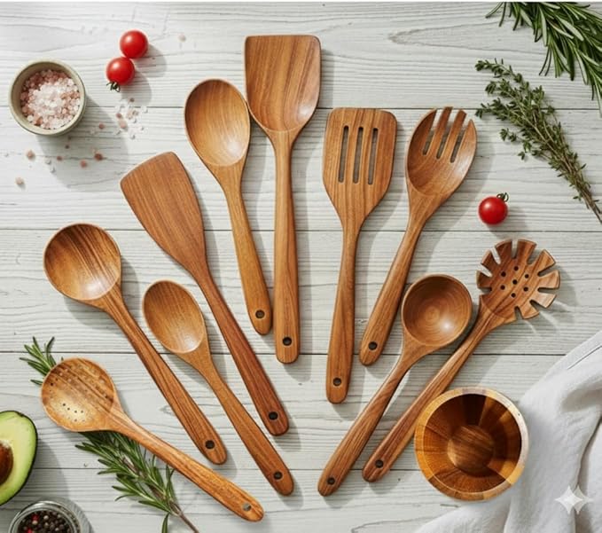 Home Hero Wooden Utensil Set 11 Pcs – Natural Teak Wooden Kitchen Utensils Set with Sturdy, Easy-to-Clean Wooden Spoons for Cooking – Non-Scratch Teak Cooking Utensils (11 pcs) - Image 4
