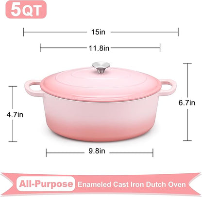 E-far 5QT Oval Dutch Oven Pot with Lid, Enameled Cast Iron Dutch Oven with Dual Handles, Heavy-Duty Cookware for Sourdough Bread Baking, Braising, Stews, Oven Safe & Easy Clean, Pink