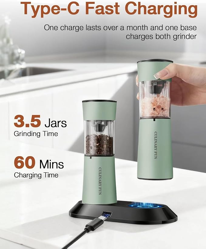 Electric Salt and Pepper Grinder Set–USB-C Rechargeable Charging Base Pepper Mill, Dual LED Light, Adjustable Coarseness,One-Handed Operation, Stainless Steel Sage Green Finish,2pack