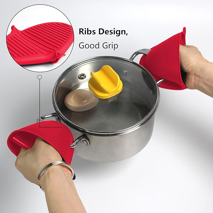 3 Pairs Silicone Oven Mitts Sets Pot Holders Heat Resistant for Kitchen - Small Kitchen Mittens Silicone Rubber Air Fryer Mitts Mini Pot Pinch Grip for Cooking & Baking, Red