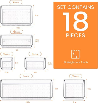 Criusia Drawer Organizer, 18 Pack Large Clear Plastic Kitchen Drawer Organizers Set, 6 Size Versatile Bathroom and Vanity Drawer Organizer Trays, Storage Bins for Makeup, Bedroom, Kitchen Utensils - Image 2
