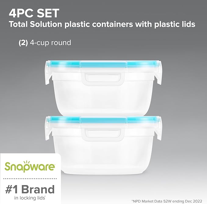 Snapware Plastic Total Solution 2-Pack (4-Cup) Food Storage Containers Set, Leakproof & Airtight Plastic Locking Lids Round Tupperware, Non-Toxic BPA-Free Lids, Microwave Dishwasher Freezer Safe - Image 2