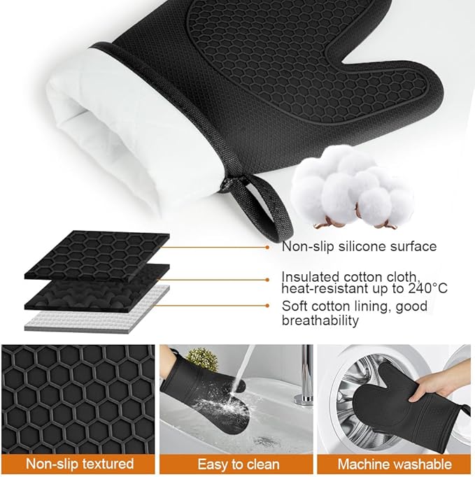 AUAUY Oven Mitts with 2 Potholders, Silicone Oven Gloves Heat Resistant 464°F, Non-Slip Silicone BBQ Gloves, Waterproof Cooking Gloves, Oven Gloves for Barbecue Kitchen Baking Microwave, Black - Image 3