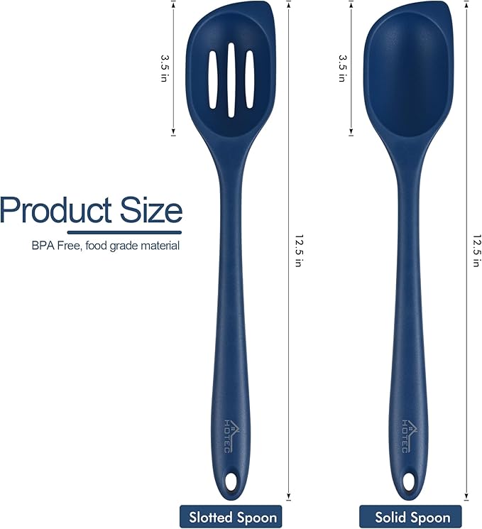 HOTEC 446°F Heat Resistant Silicone Cooking Spoon Spatula, BPA Free Large Kitchen Solid and Slotted Spoons for Mixing, Serving, Scraping, Non-stick, Dishwasher Safe Classic Blue 12.5inch - Image 2