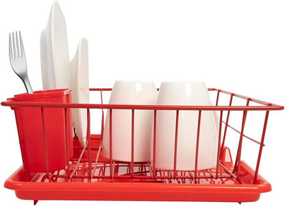 Sweet Home Collection Space-Saving 3-Piece Dish Drainer Rack Set: Efficient Kitchen Organizer for Quick Drying and Storage - Includes Cutlery Holder and Drainboard - Maximize Countertop Space, Red - Image 3