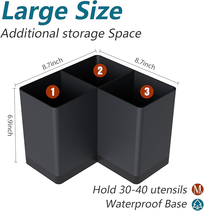 Suli Utensil holder, Kitchen Utensil Organizer for Corner Countertop,Extra Large Silverware Organizer with 3 Compartments,Farmhouse Decor, Iron, Black - Image 2