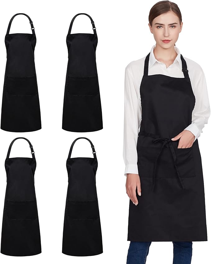 Jubatus 4 Pack 100% Cotton Aprons with 2 Pockets Cooking Chef Kitchen Adjustable Bib Apron for Women Men, Black by Jubatus