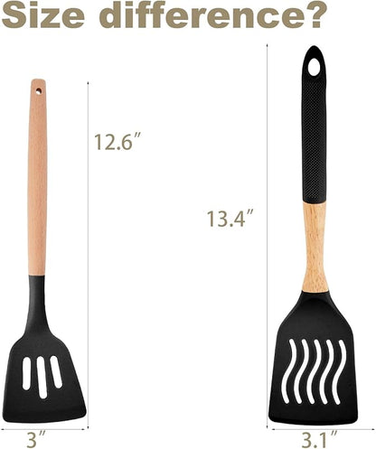 Kitchen Utensils Set - 34 PCS Non-Stick Silicone Cooking Utensils Set Spatula Set with Holder, Wooden Handle Spoon,Brush,Whisk Kitchen Gadgets Tools Set for Nonstick Cookware (Black-34P) - Image 7