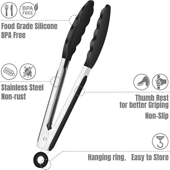 Hotec Mini Silicone Kitchen Tongs for Cooking - 7-Inch Small Serving Tongs with Silicone Tips, Set of 3 (Black) - Image 4
