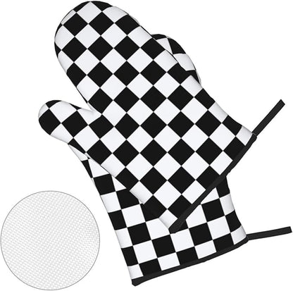 Checkered Black and White Plaid Oven Mitts and Pot Holders Set of 4,Heat Resistant Non-Slip Potholders Oven Gloves and Pad for Kitchen Cooking Baking Grilling BBQ