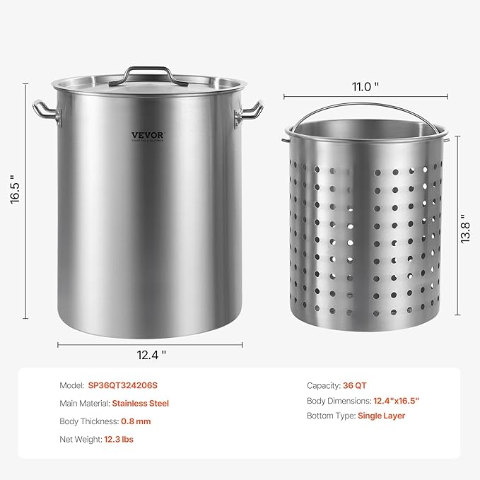 VEVOR Stainless Steel Stockpot, 36 Quart Cooking Pots, Cookware Sauce Pot with Basket, Lid, and Handle, Heavy Duty Commercial Grade Stock Pot, Sanding Treatment, for Steaming Boiling or Frying Silver - Image 7