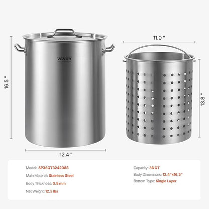 VEVOR Stainless Steel Stockpot, 36 Quart Cooking Pots, Cookware Sauce Pot with Basket, Lid, and Handle, Heavy Duty Commercial Grade Stock Pot, Sanding Treatment, for Steaming Boiling or Frying Silver - Image 7