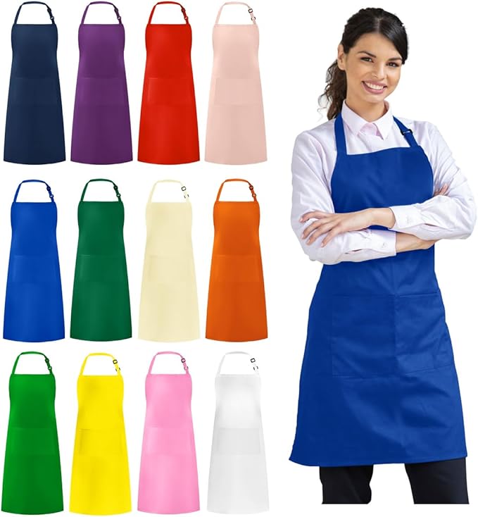 Syntus 12 Pack Bib Apron, Unisex Aprons Adjustable Waterdrop Resistant with 2 Pockets Cooking Kitchen Apron for Chef, BBQ Drawing Apron Bulk, Multi-Color by Syntus