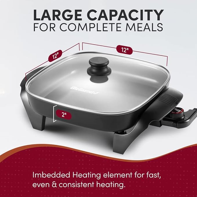 Elite Gourmet 12"x12"x2.15” Ceralast™ PFAS Free Ceramic Electric Skillet, Dishwasher Safe, Rapid Heat Up, 1200W, Dark Grey - Image 6
