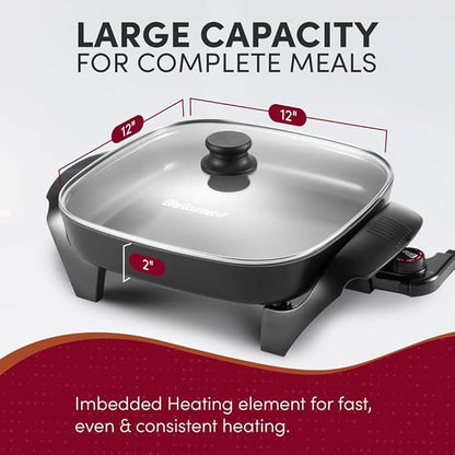 Elite Gourmet 12"x12"x2.15” Ceralast™ PFAS Free Ceramic Electric Skillet, Dishwasher Safe, Rapid Heat Up, 1200W, Dark Grey - Image 6