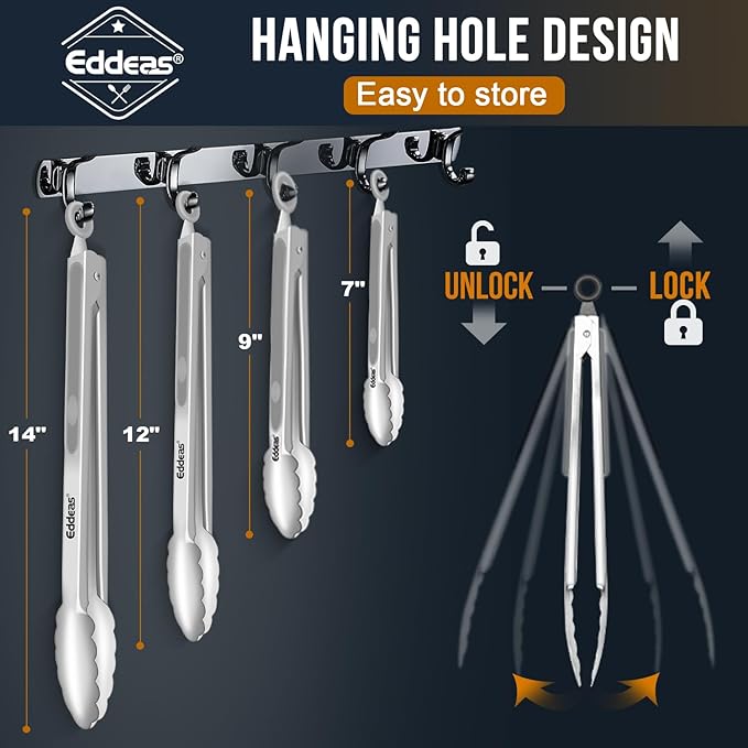 EDDEAS Tongs For Cooking - Heat Resistant 600 Degrees Metal Kitchen Tongs, Heavy Duty Stainless Steel Tongs - Perfect for Food, BBQ Set of 4, 7-9-12 &14 inch Grey - Image 9